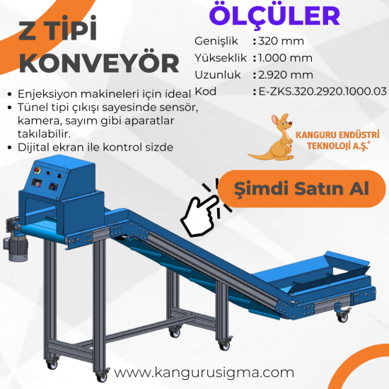 320x2920x1000 mm Z Tipi Mavi PU Bantlı Konveyör