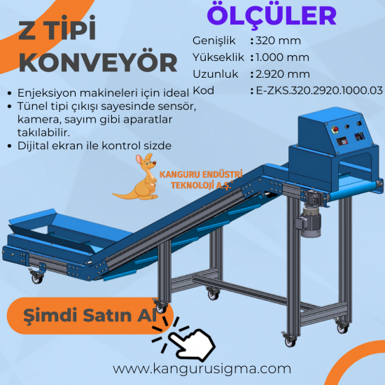 320x2920x1000 mm Z Tipi Mavi PU Bantlı Konveyör