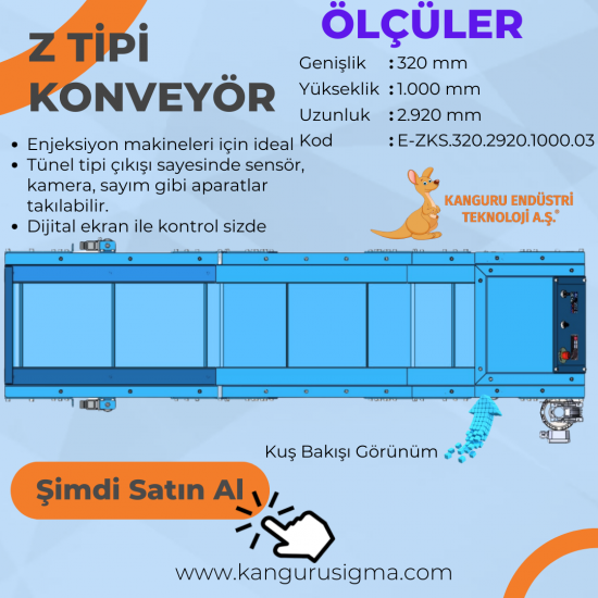 320x2920x1000 mm Z Tipi Mavi PU Bantlı Konveyör