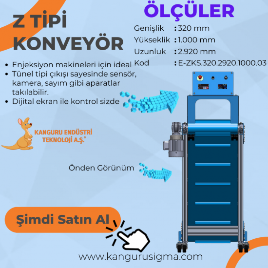 320x2920x1000 mm Z Tipi Mavi PU Bantlı Konveyör