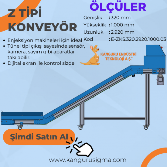 320x2920x1000 mm Z Tipi Mavi PU Bantlı Konveyör